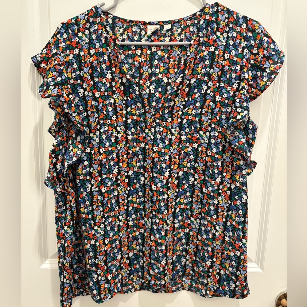 GAP Blue and Orange Ruffled Flutter Sleeve Blouse